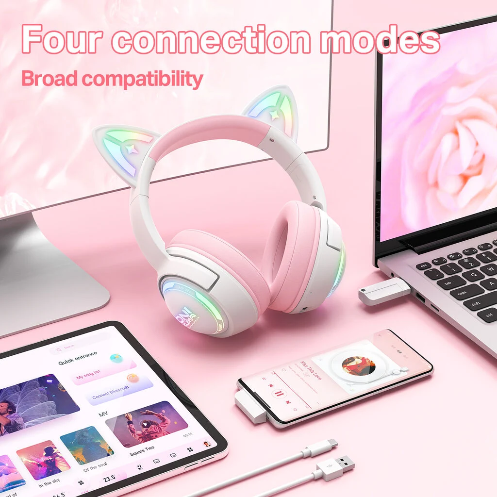 ONIKUMA GT838 Cat Ear RGB Wireless Gaming Headphone - Pink
