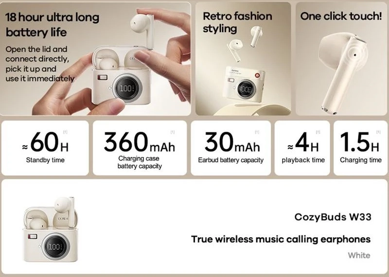 ريماكس CozyBuds W33 سماعات أذن لاسلكية بلوتوث – أوف وايت