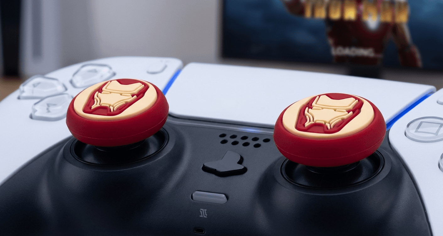 Deadskull Iron Man thumb grips installed on a PS5 controller