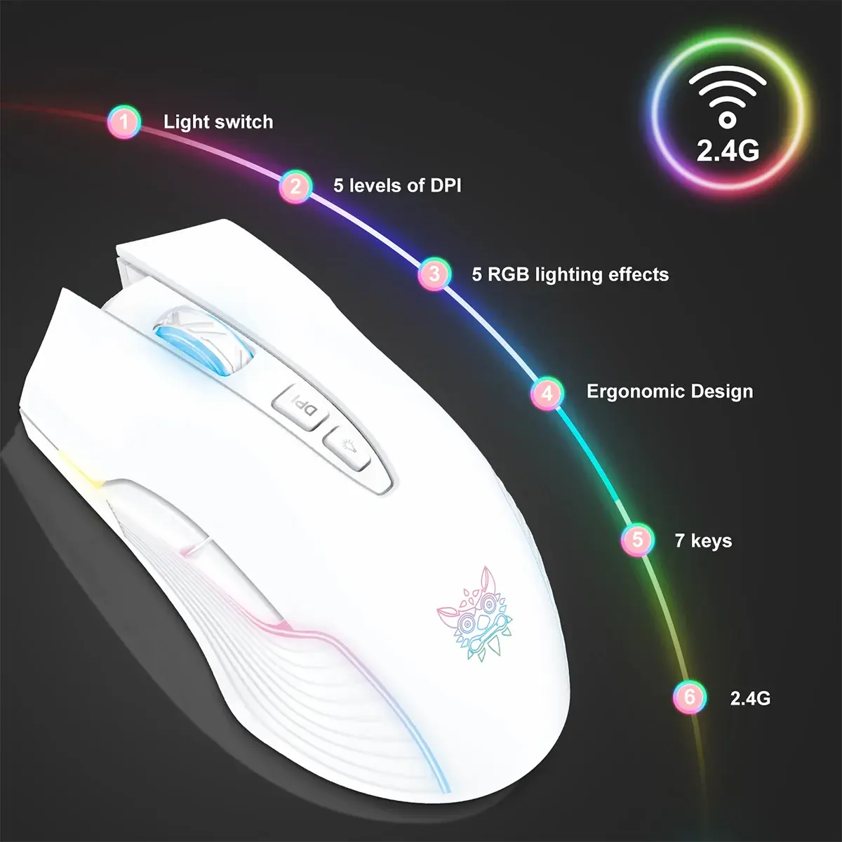Onikuma CW905 Wireless RGB Gaming Mouse - White