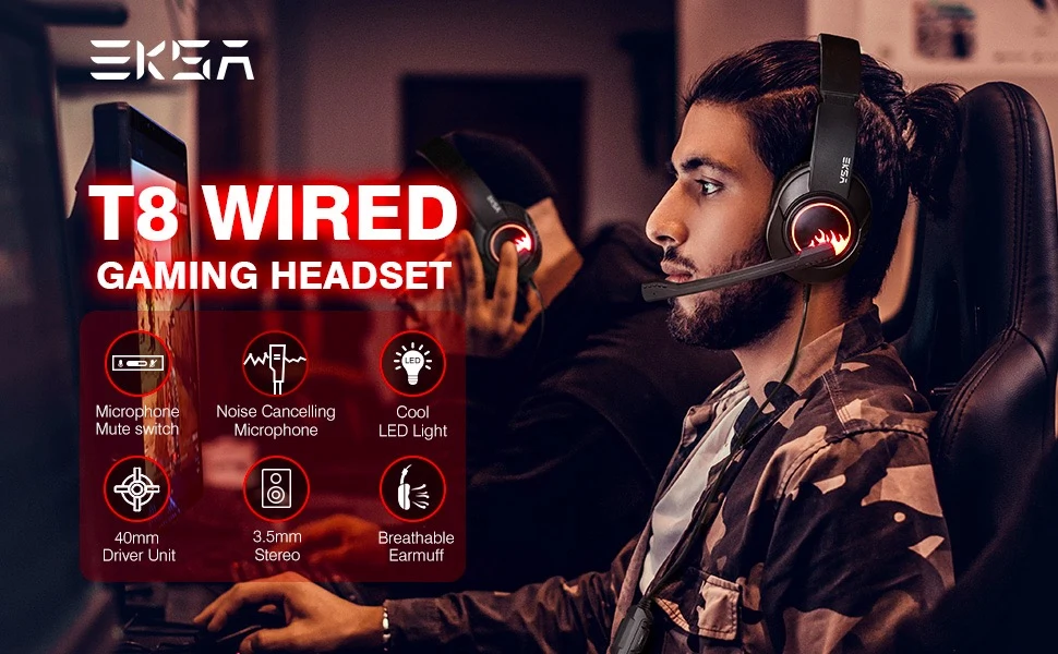 EKSA T8 Wired Gaming Headset - Red