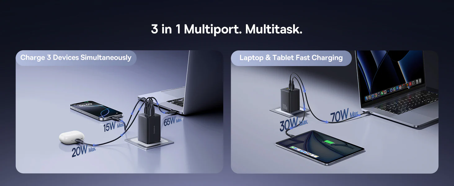 باسيوس إنر فيل FE11 شاحن سريع 2× USB-C + USB-A 100 واط EU - أسود