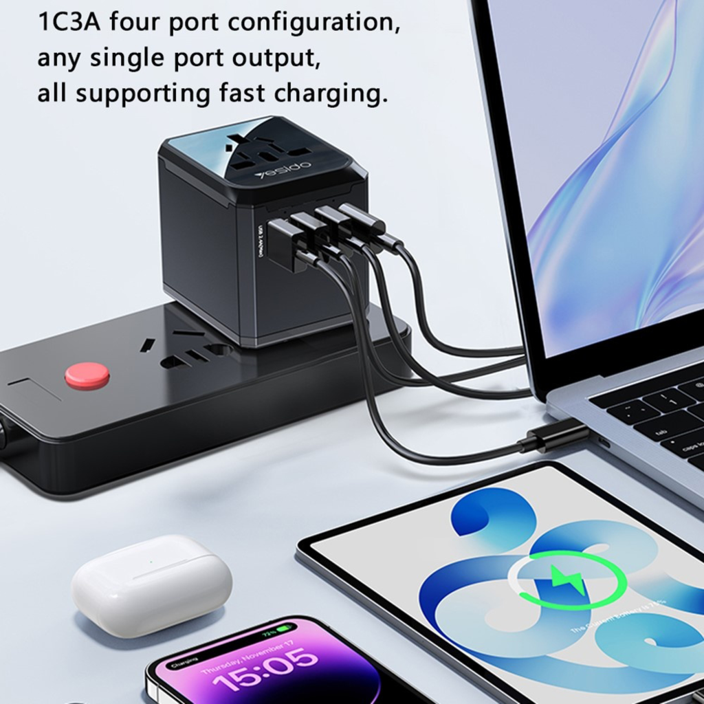 Yesido MC24 20W 3-USB & Type-C Universal Travel Adapter Plug