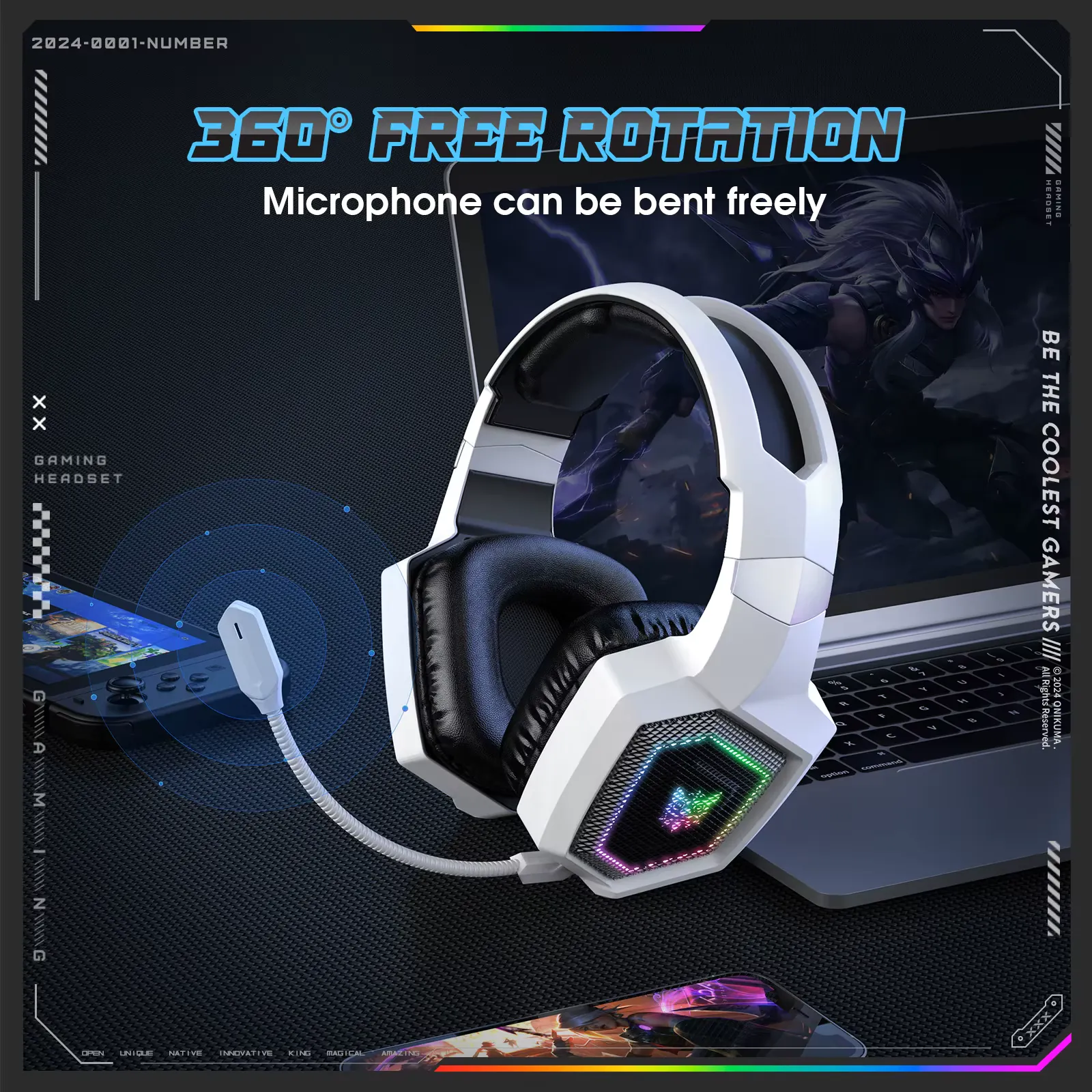 أونيكوما سماعة ألعاب GT806 RGB ثلاثية الاتصال لاسلكية – أبيض