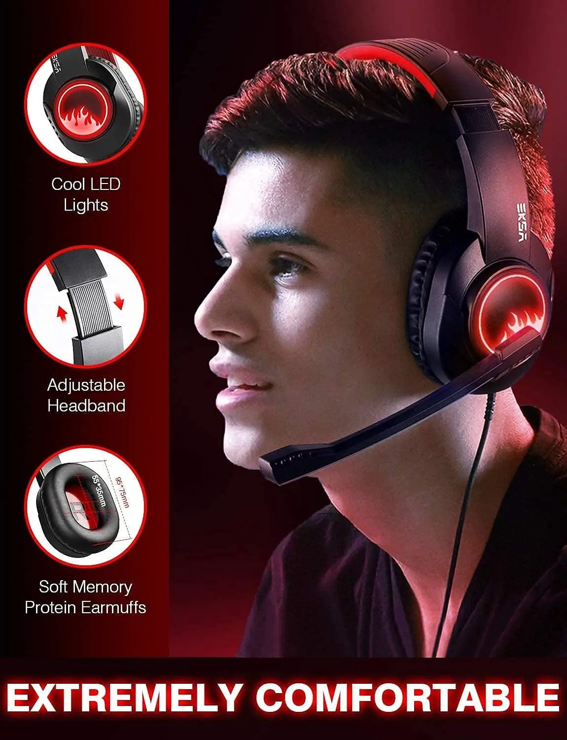 EKSA T8 Wired Gaming Headset - Red