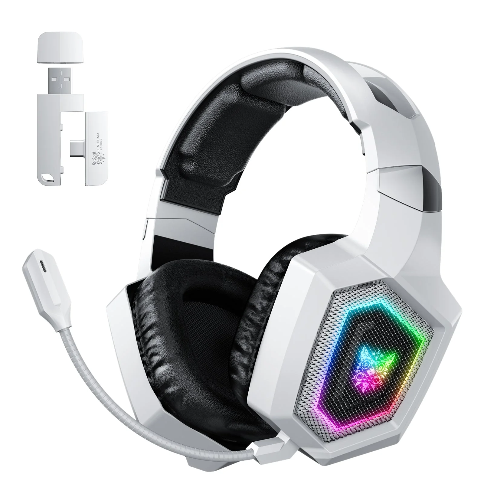 أونيكوما سماعة ألعاب GT806 RGB ثلاثية الاتصال لاسلكية – أبيض