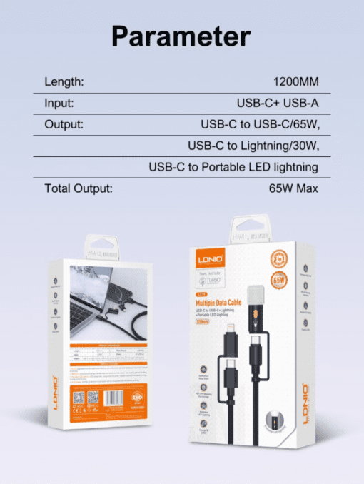 LDNIO LC19 3-in-1 65W Fast Charging Cable with LED Light 1.2M