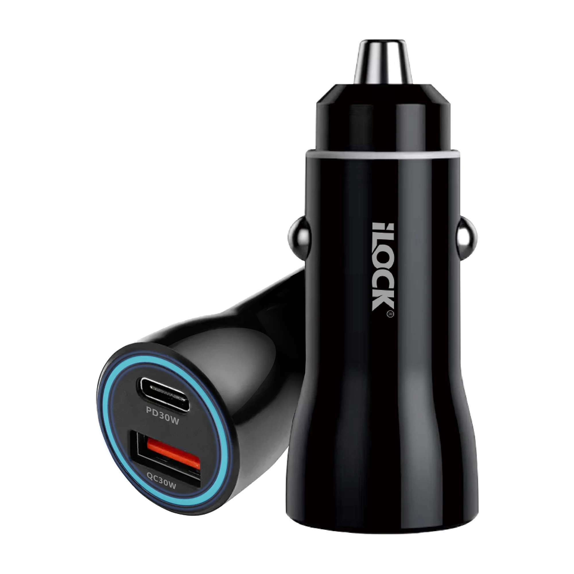 iLOCK 60W Dual-Port Car Charger (USB-C PD + USB-A QC) LED