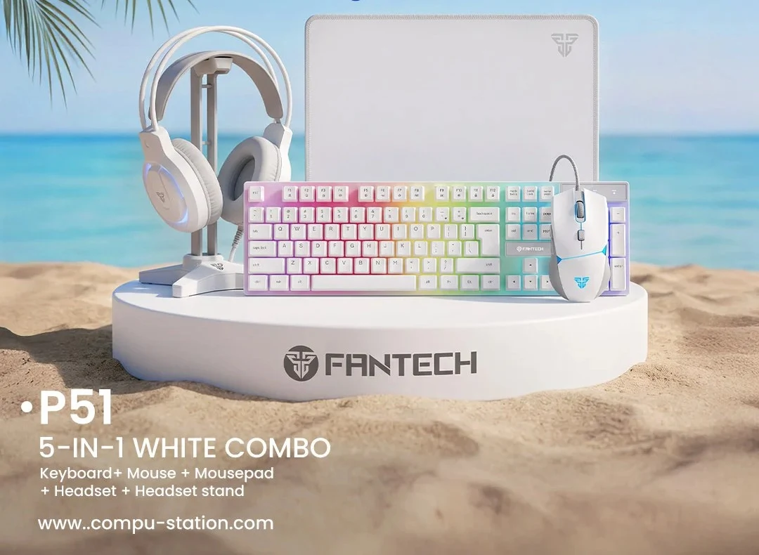 Fantech P51 Combo Power 5×1 Gaming Keyboard+Mouse+Mousepad+Headset+Headset stand - White