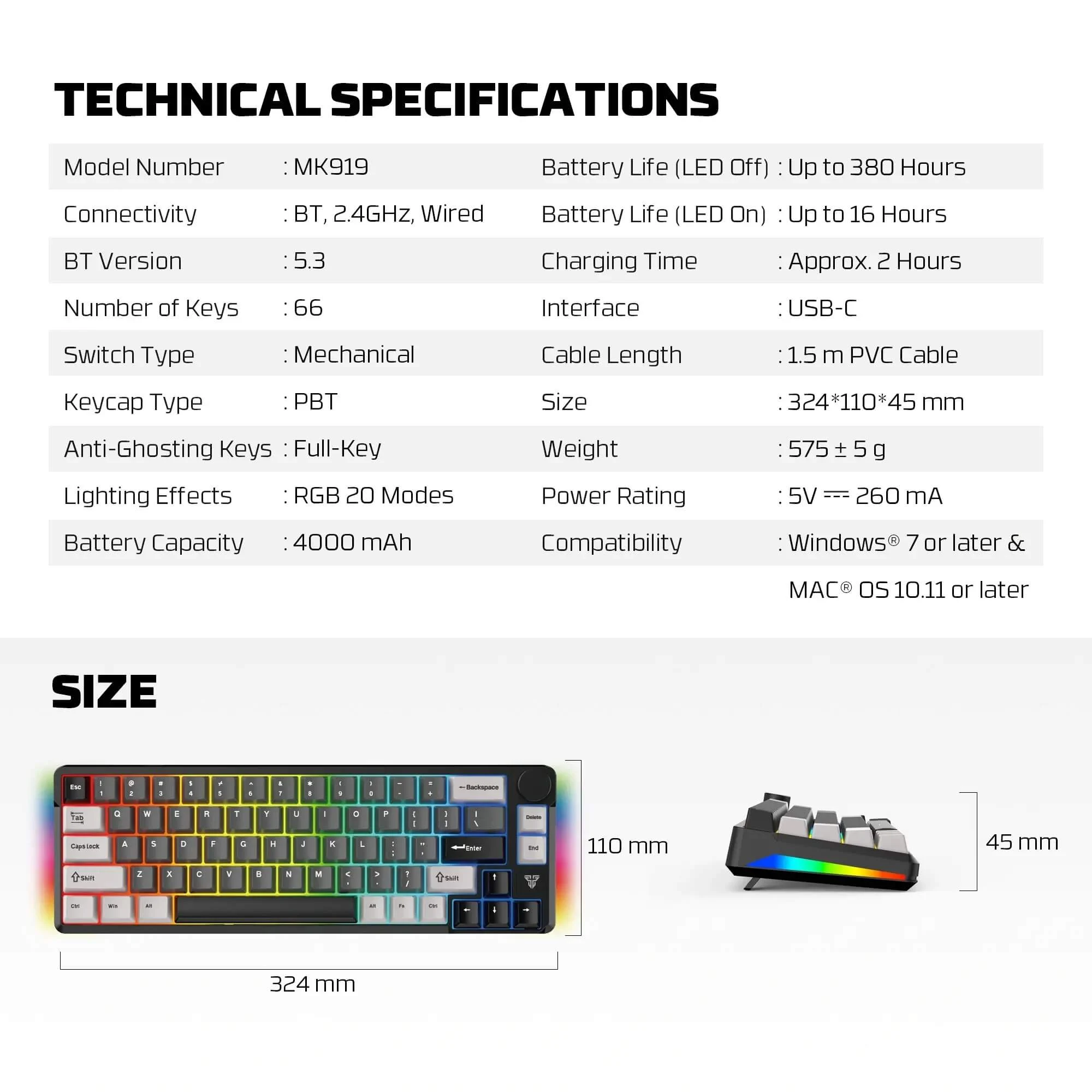 Fantech ATOM PRO-MK919 RGB Wireless Mechanical Gaming Keyboard Red Switch - Black