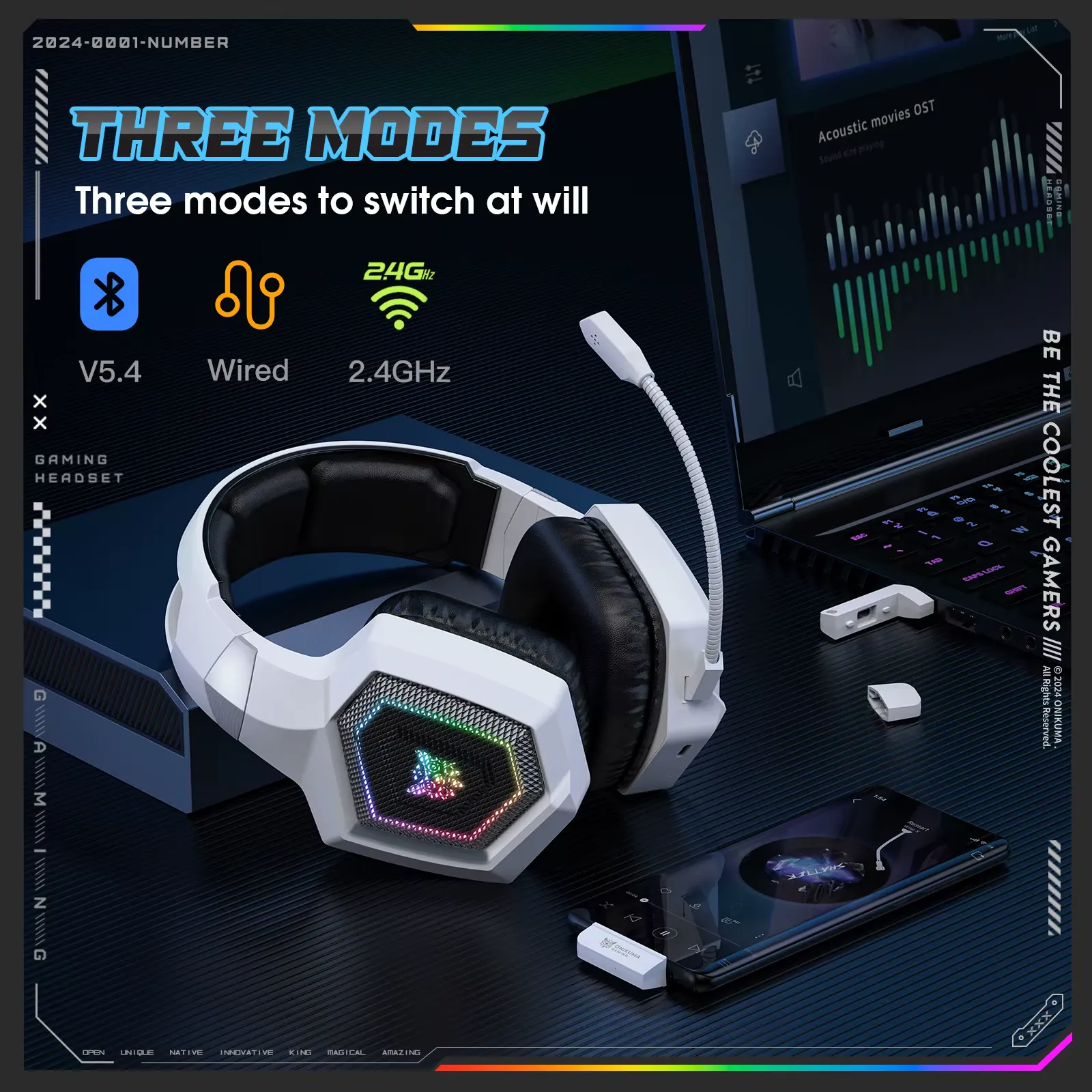 أونيكوما سماعة ألعاب GT806 RGB ثلاثية الاتصال لاسلكية – أبيض