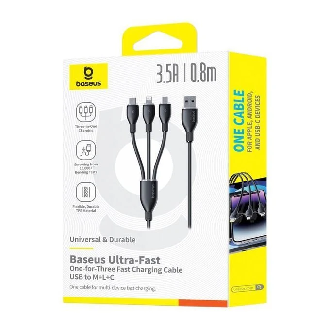 باسيوس ألترا فاست كابل USB-A 3 في 1 3.5A 0.8م - اسود
