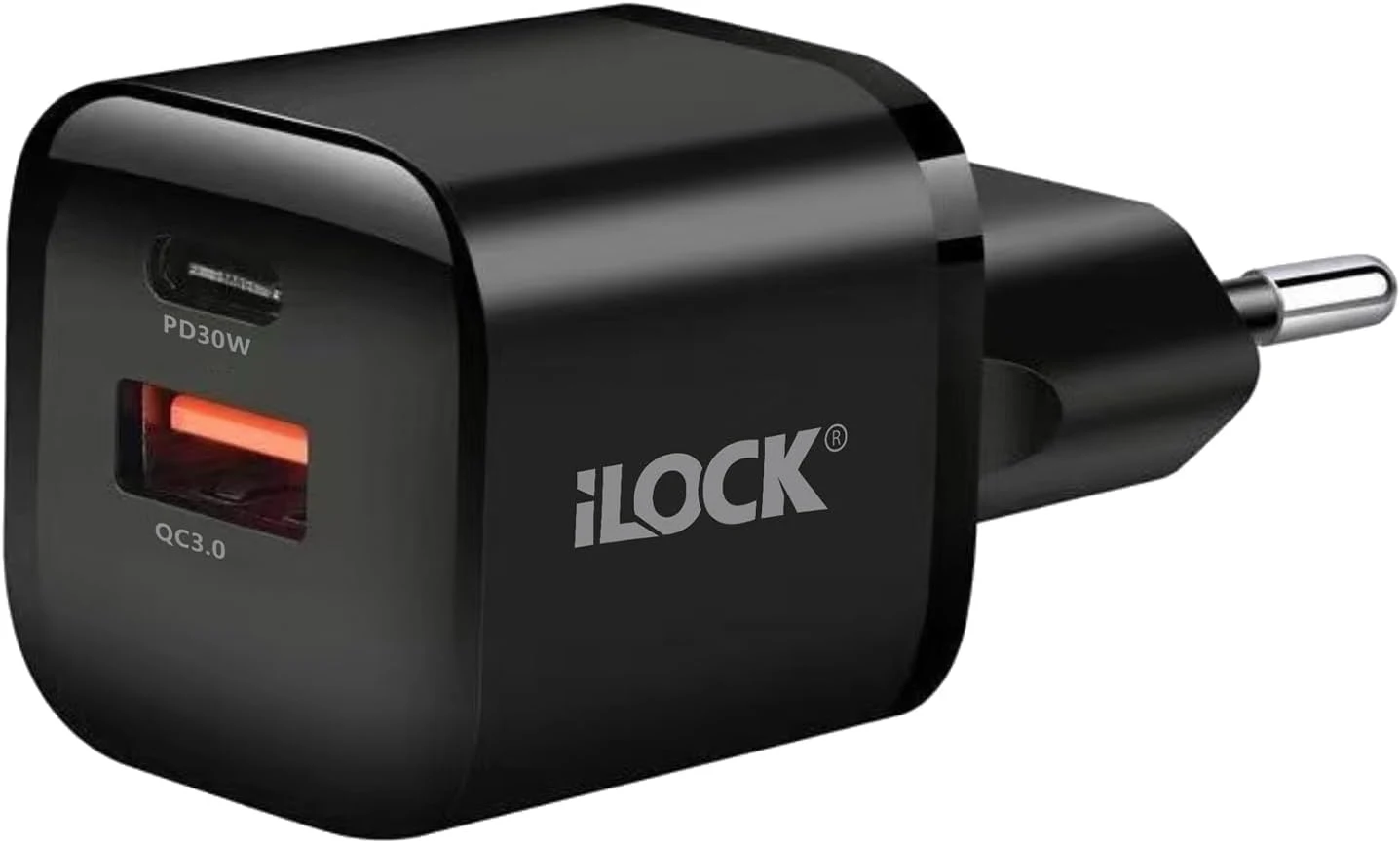 شاحن حائط آي لوك 30 واط منفذين USB-A + USB-C – أسود