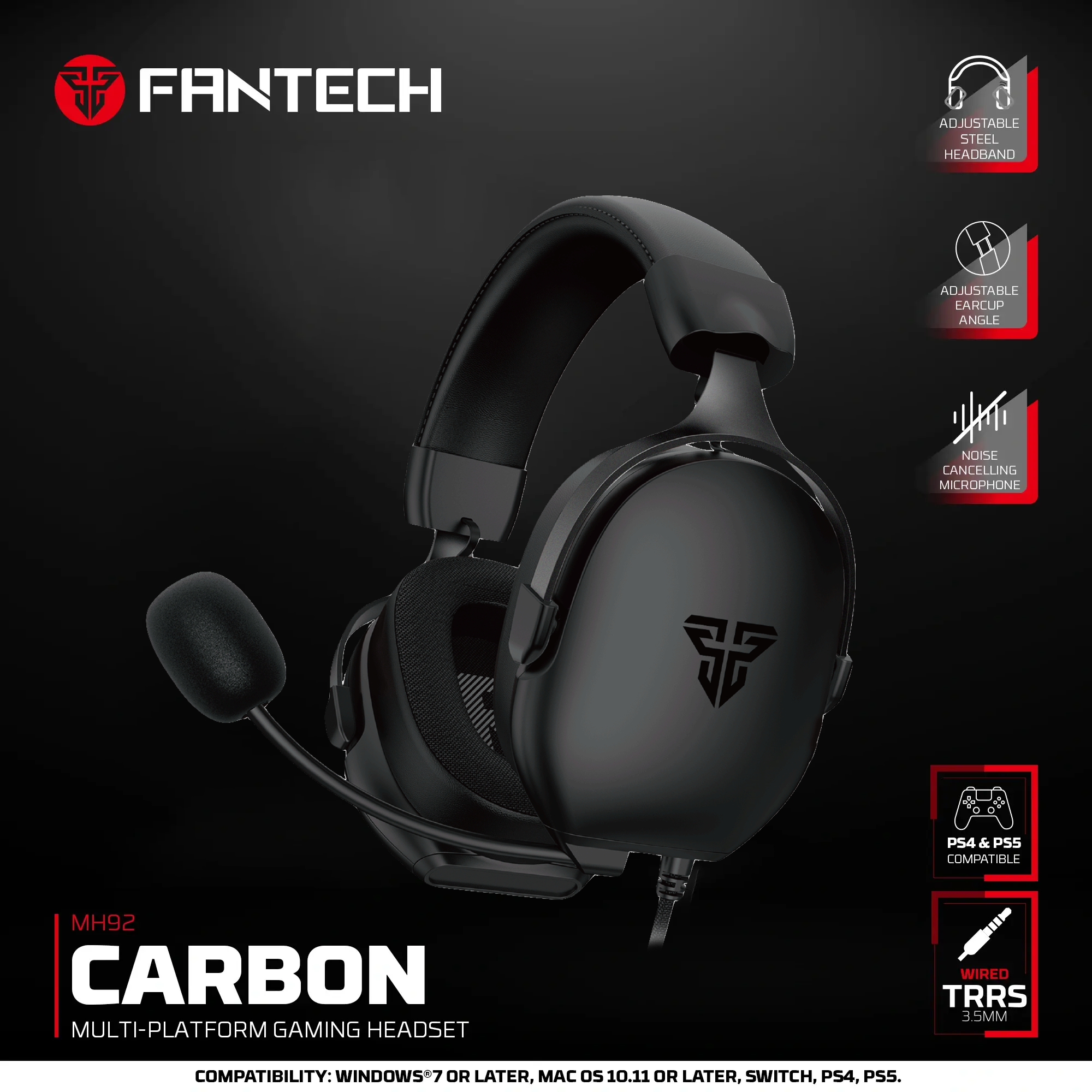 سماعة الألعاب السلكية Fantech Carbon MH92 باللون الأسود