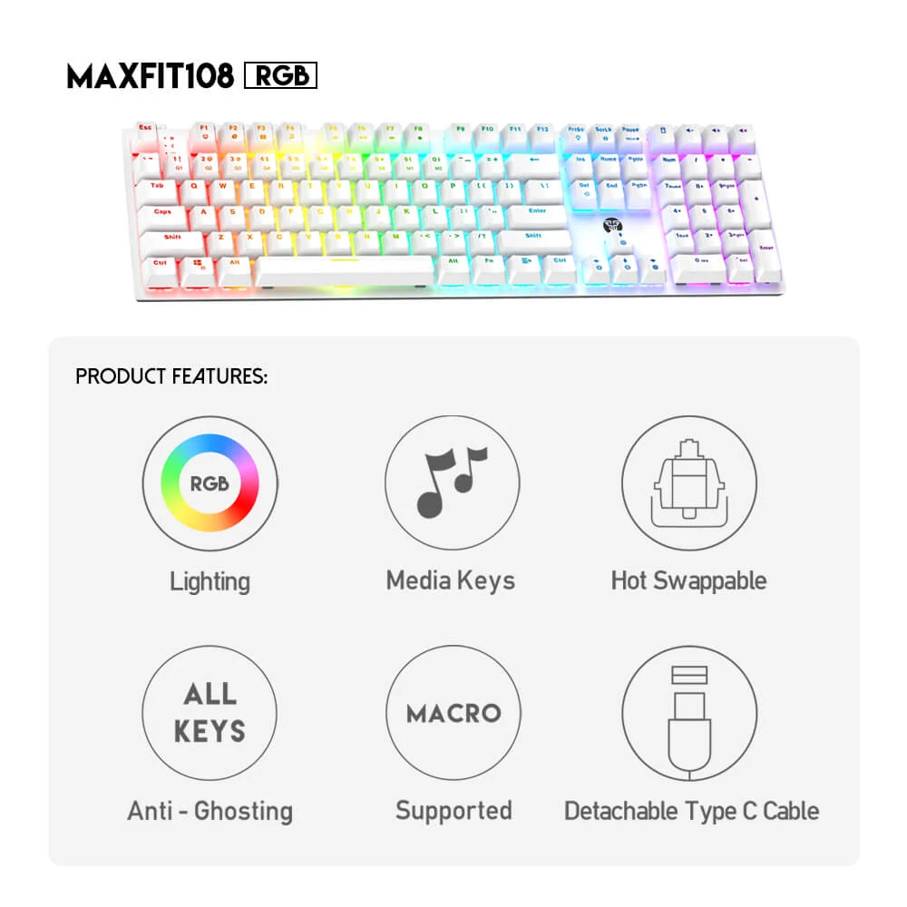 إضاءة RGB لكل زر والجوانب في كيبورد فانتك ماكس فيت 108 MK855