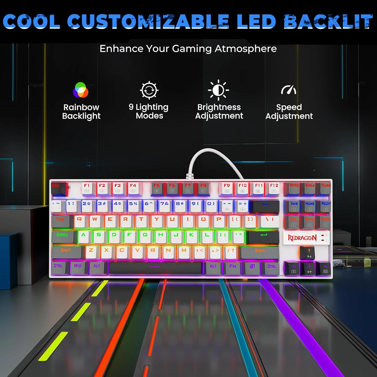 Redragon K552-WGL KUMARA Rainbow Wired Mechanical Gaming Keyboard - Red Switch - White/Gray