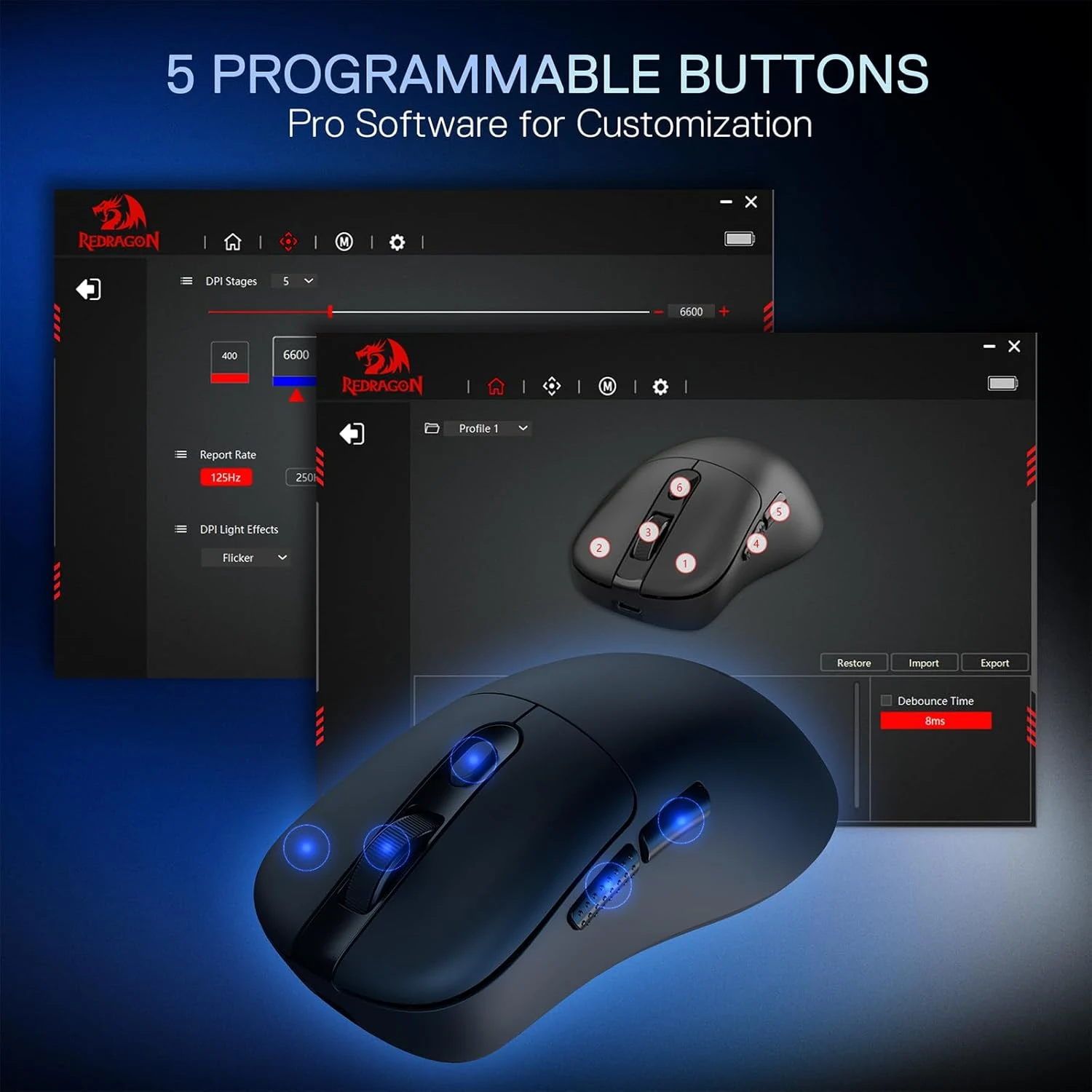 Redragon M998-STD-1K Tri-Mode Mouse with RGB Charging Dock - Black