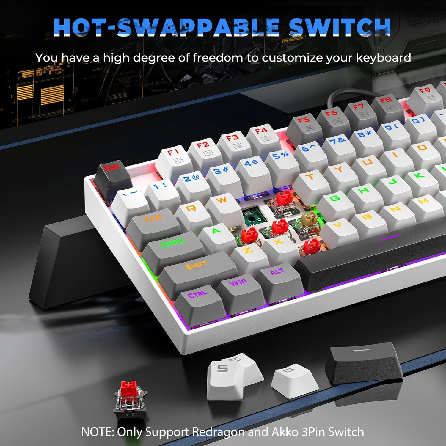 Redragon K552-WGL KUMARA Rainbow Wired Mechanical Gaming Keyboard - Red Switch - White/Gray