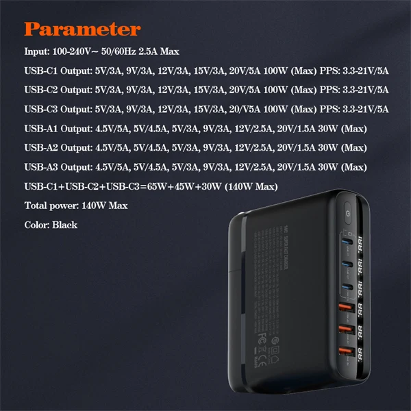 شاحن A6140C لدنيو فائق السرعة بقوة 140 وات