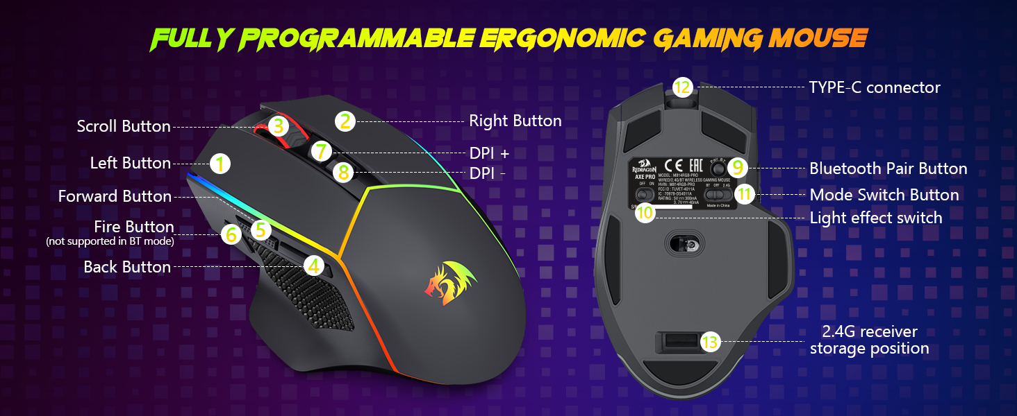 ريدراجون AXE PRO M814 ماوس ألعاب RGB بثلاثة أوضاع اتصال