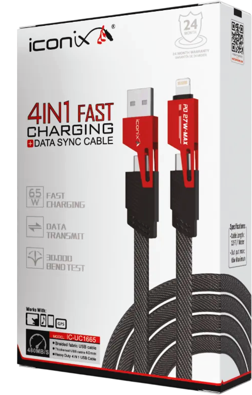 ICONIX IC-UC1665 65W 4-IN-1 Charging & Data Cable 1M - Red