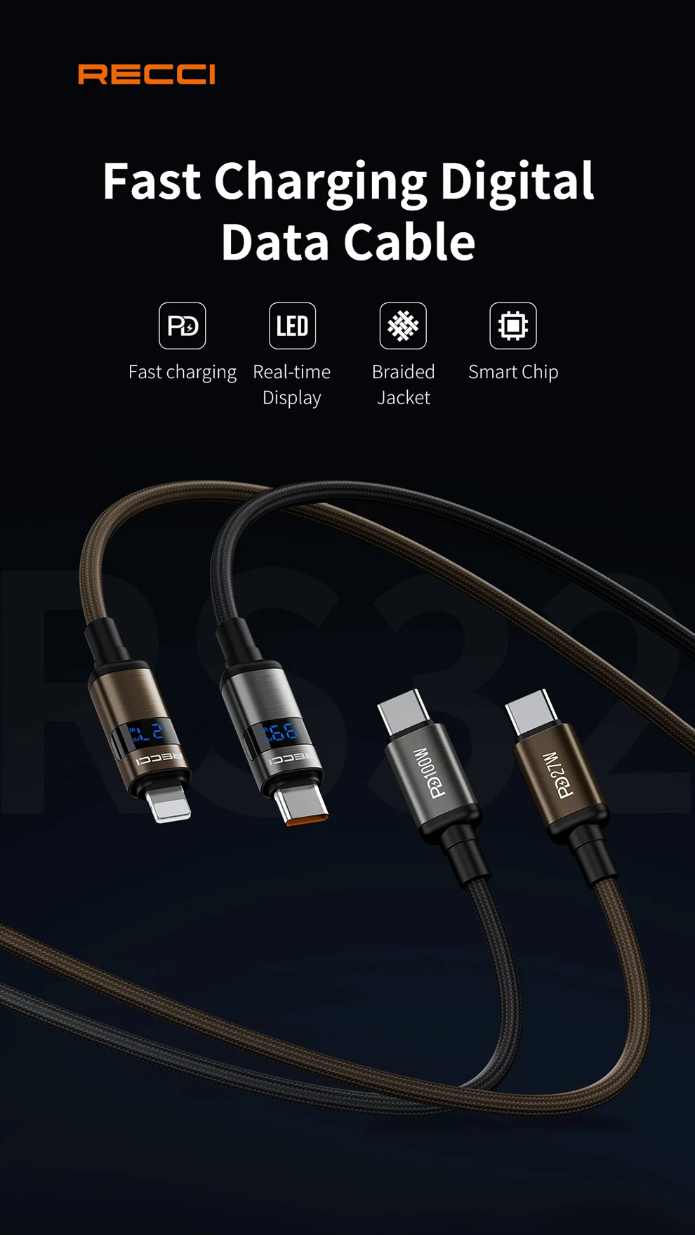 Recci RS32CC USB-C PD 100W Cable with Watt Display - 1.5m
