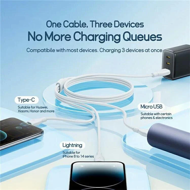 باسيوس ألترا فاست كابل USB-A 3 في 1 3.5A 1.3م - ابيض