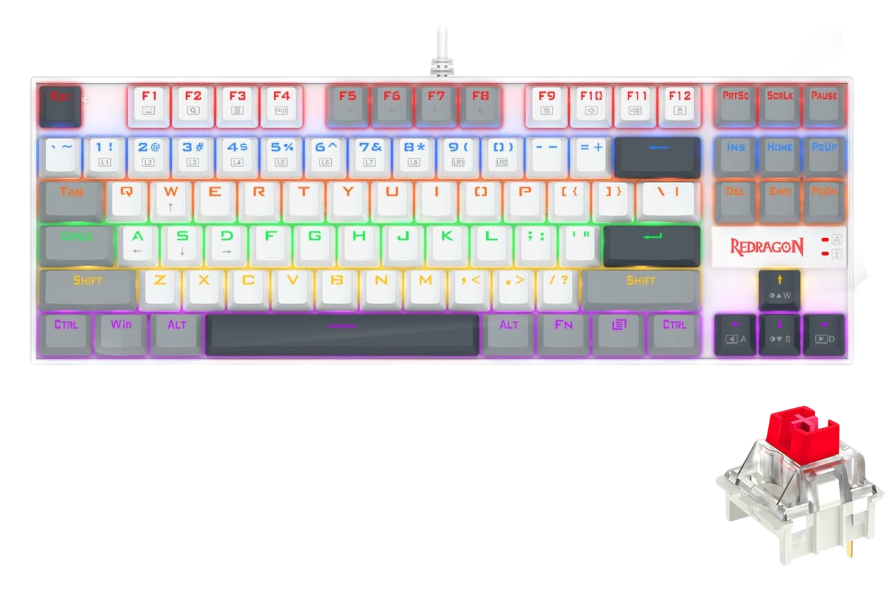 Redragon K552-WGL KUMARA Rainbow Wired Mechanical Gaming Keyboard - Red Switch - White/Gray