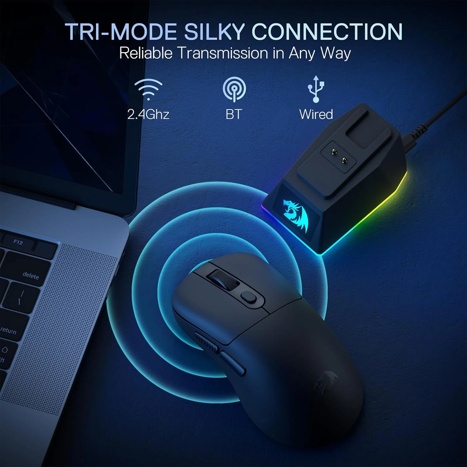 Redragon M998-STD-1K Tri-Mode Mouse with RGB Charging Dock - Black