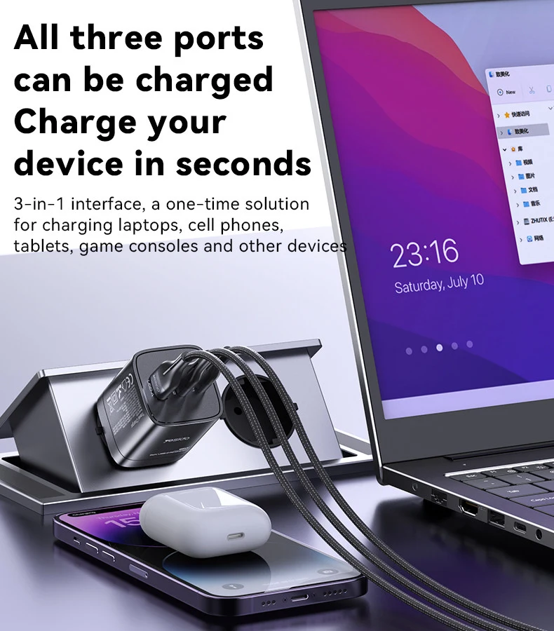 شاحن ييسيدو YC65 PD بقوة 65W بثلاثة منافذ 2 USB-C وUSB-A وقابس أوروبي للابتوب