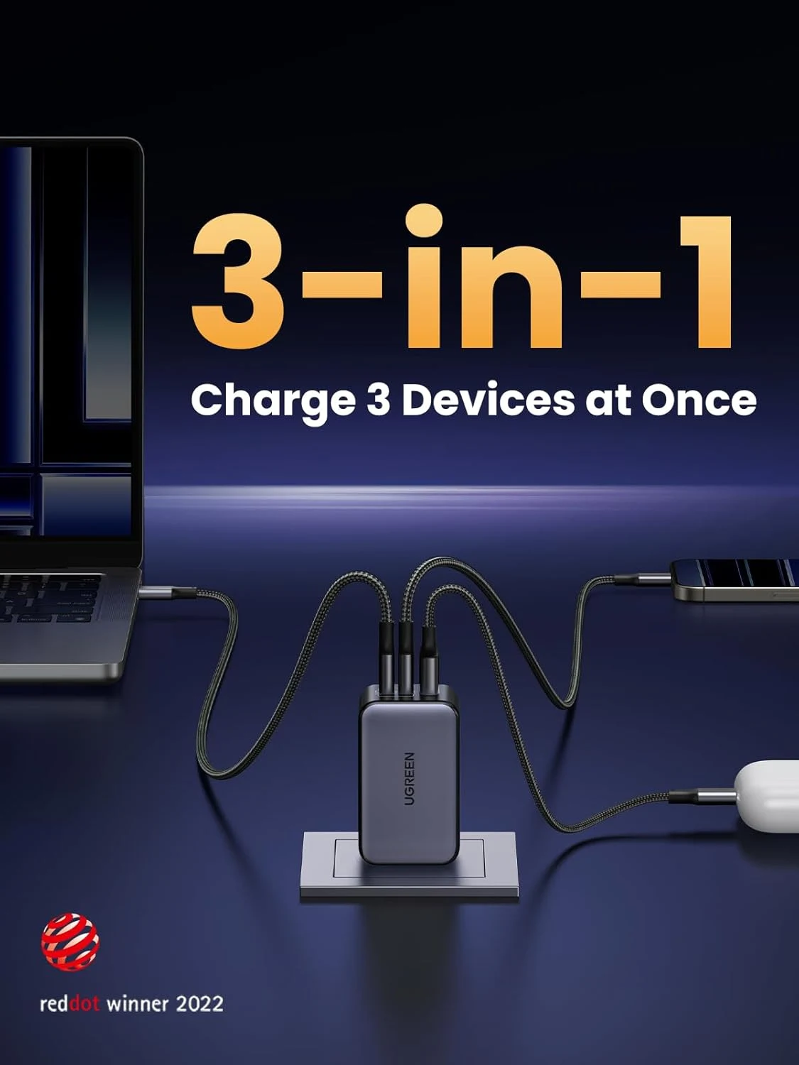 UGREEN CD244 65W Fast Charger 1-USB-A & 2-USB-C With USB-C Cable - Black
