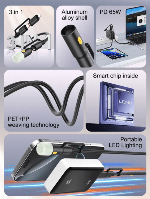 LDNIO LC19 3-in-1 65W Fast Charging Cable with LED Light 1.2M