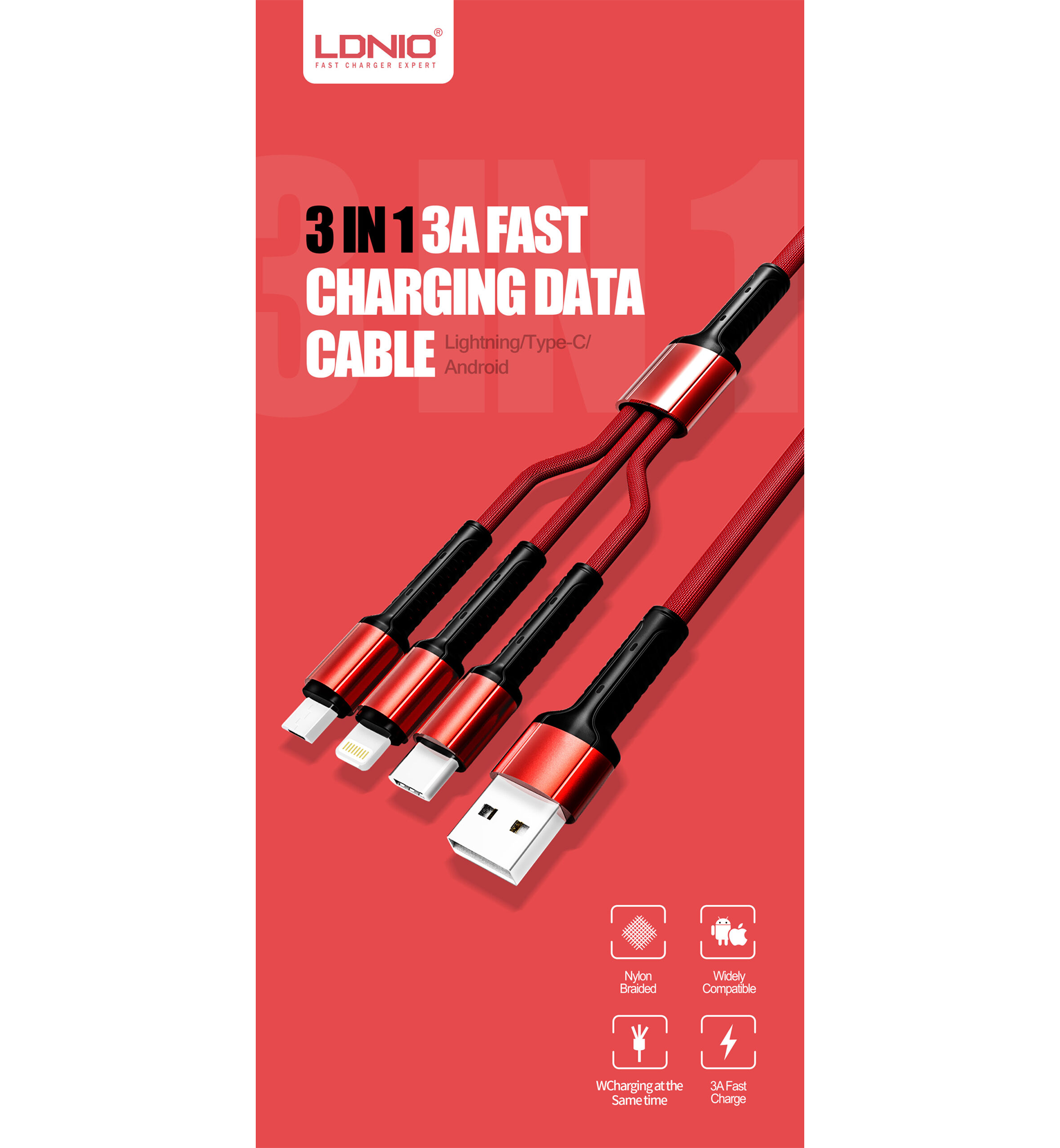 LDNIO LC93 Fast Charging 3in1 Cable 1.2M - Red