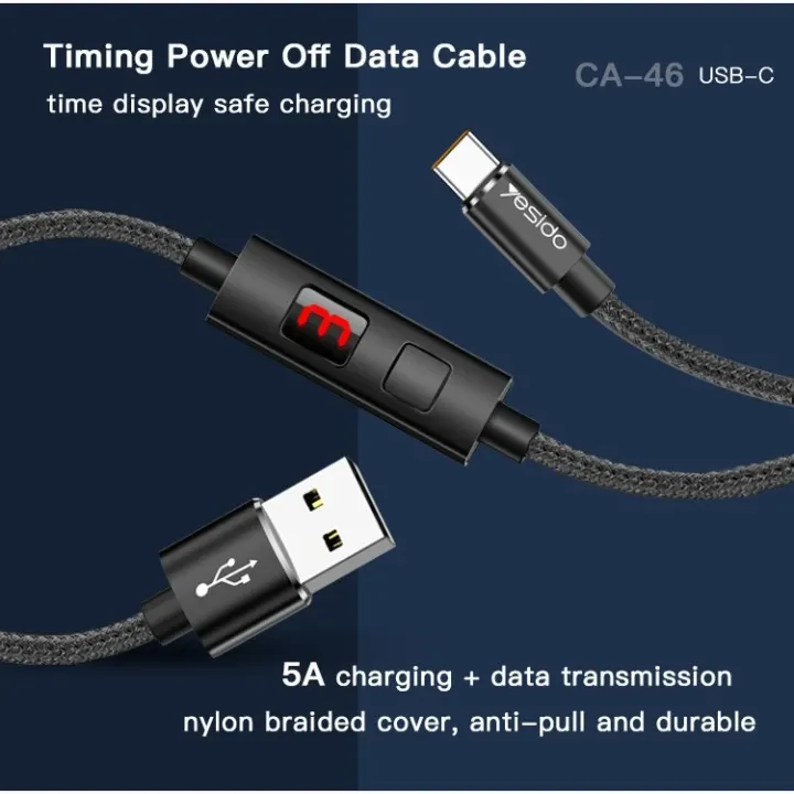 Yesido CA46 USB to Type-C Timing Cut-Off Cable 1.2M