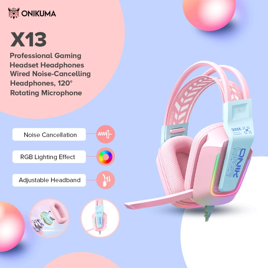 ONIKUMA X13 RGB Wired Gaming Headset - Pink