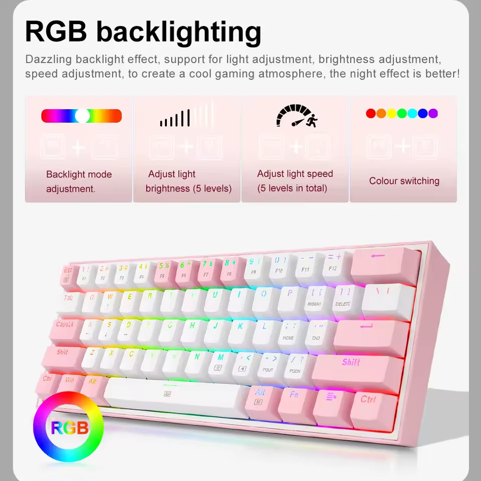 ريدراجون K617 Fizz كيبورد سلكي ميكانيكال 60% RGB سويتش أحمر – أبيض/بينك