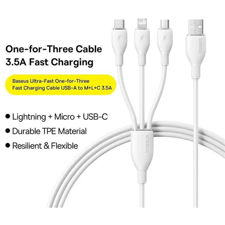 باسيوس ألترا فاست كابل USB-A 3 في 1 3.5A 1.3م - ابيض