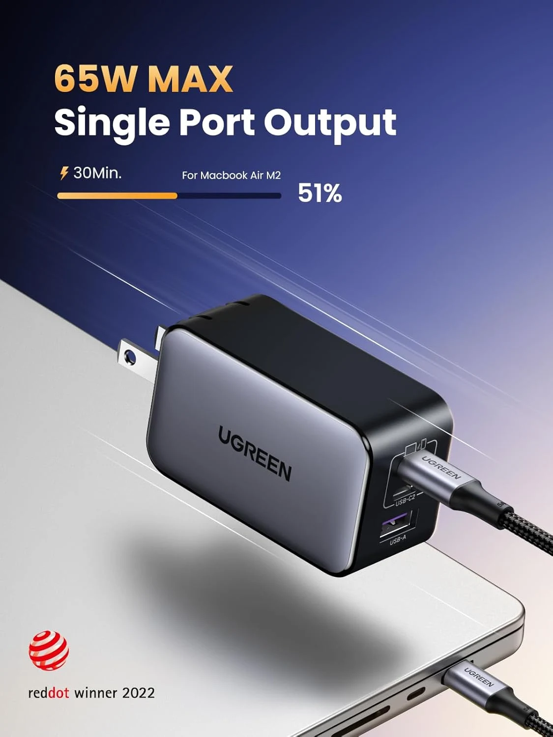 UGREEN CD244 65W Fast Charger 1-USB-A & 2-USB-C With USB-C Cable - Black