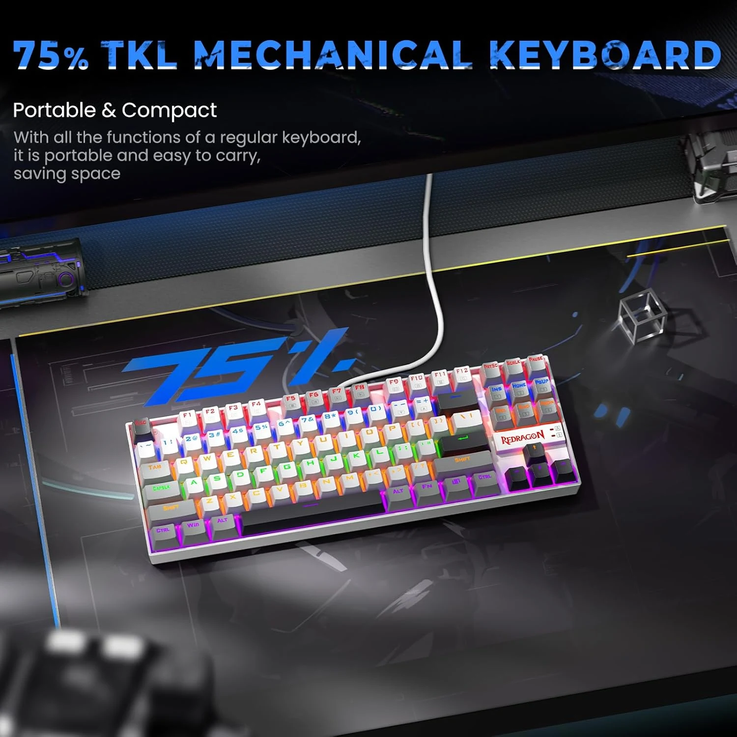 Redragon K552-WGL KUMARA Rainbow Wired Mechanical Gaming Keyboard - Red Switch - White/Gray
