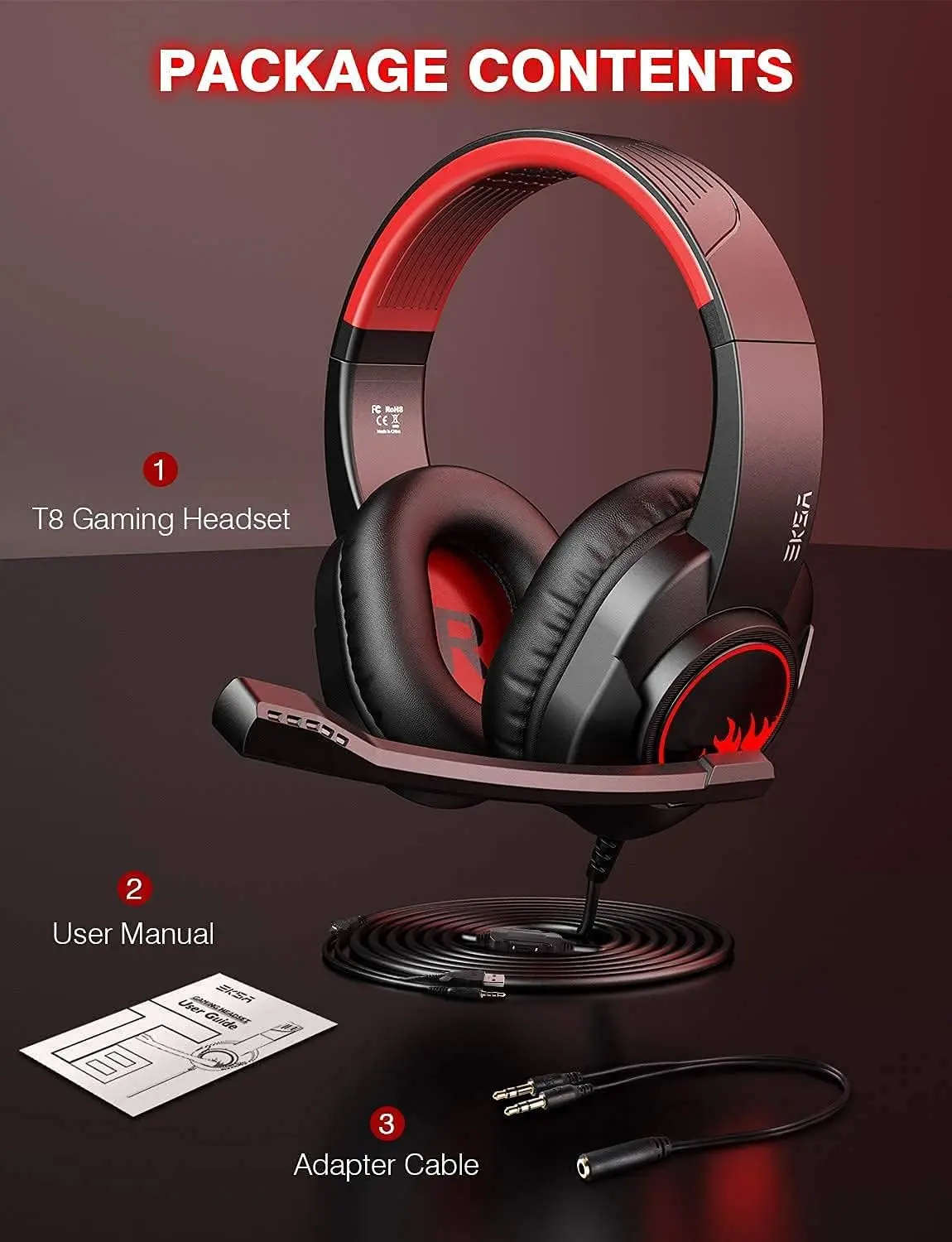 EKSA T8 Wired Gaming Headset - Red