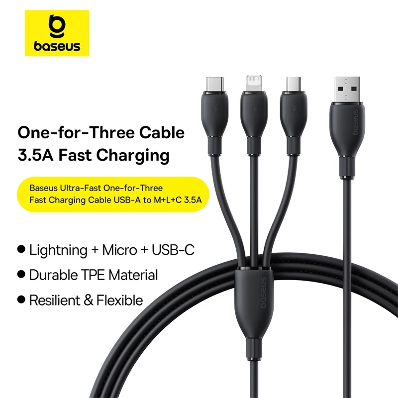 باسيوس ألترا فاست كابل USB-A 3 في 1 3.5A 0.8م - اسود