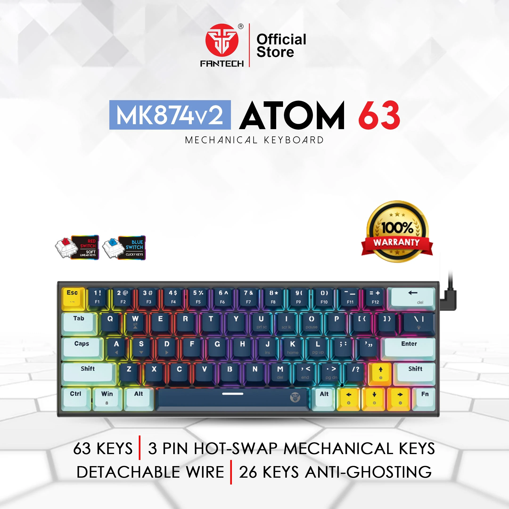 كيبورد ألعاب ميكانيكال فانتك ATOM63-MK874v2 كحلي بسويتش أزرق