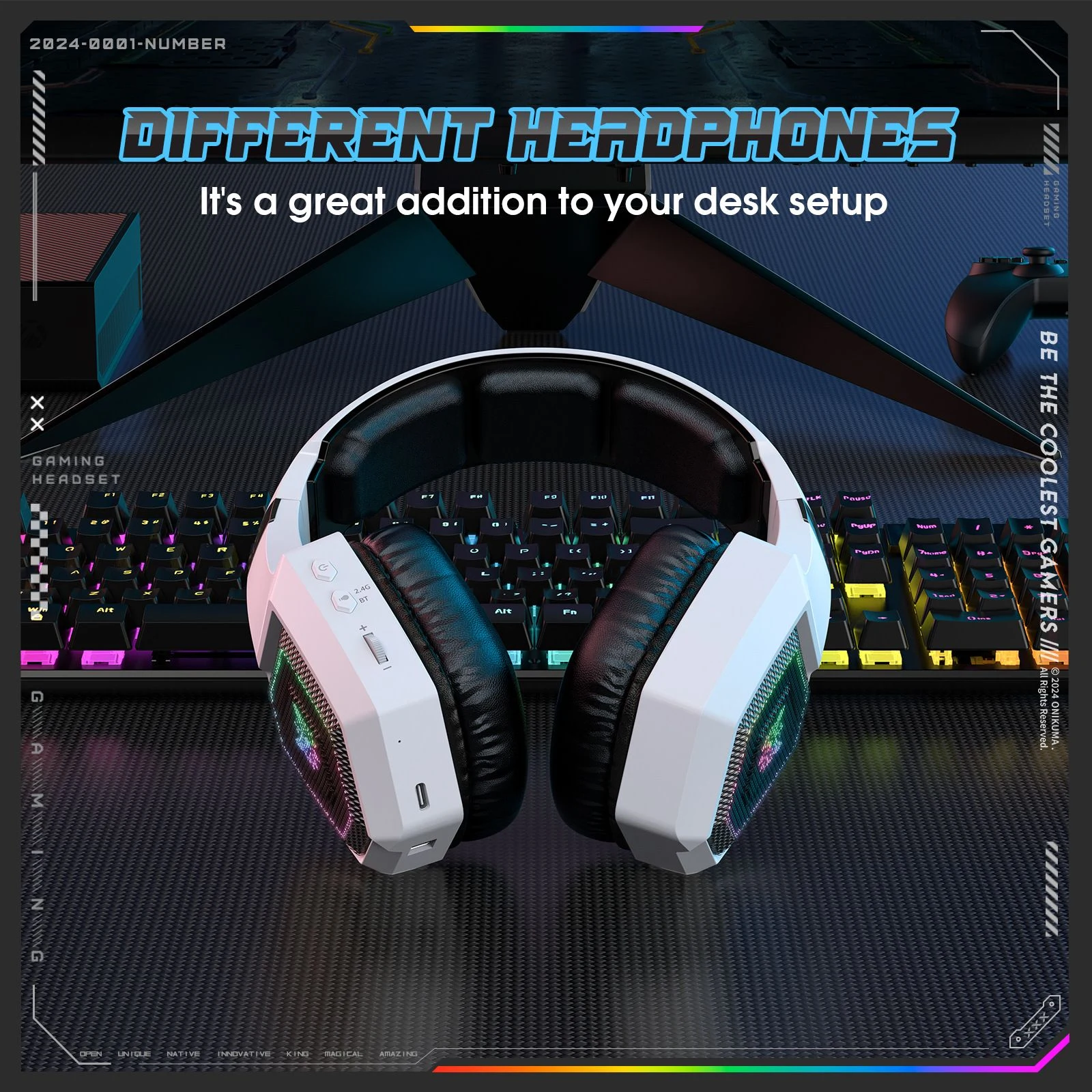 أونيكوما سماعة ألعاب GT806 RGB ثلاثية الاتصال لاسلكية – أبيض