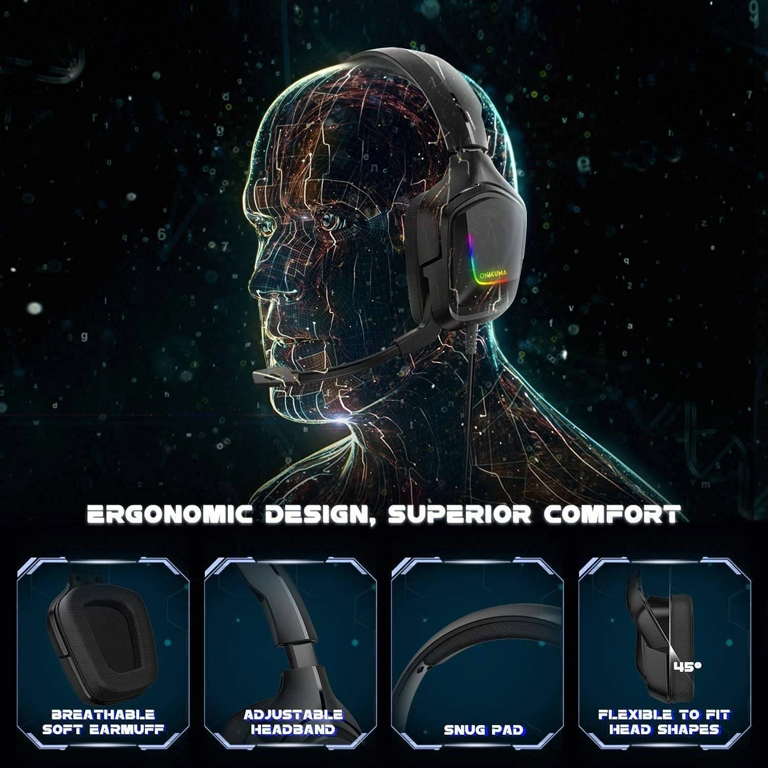 Onikuma Gaming Headphone K20 RGB Gaming Headset - Grey Camo