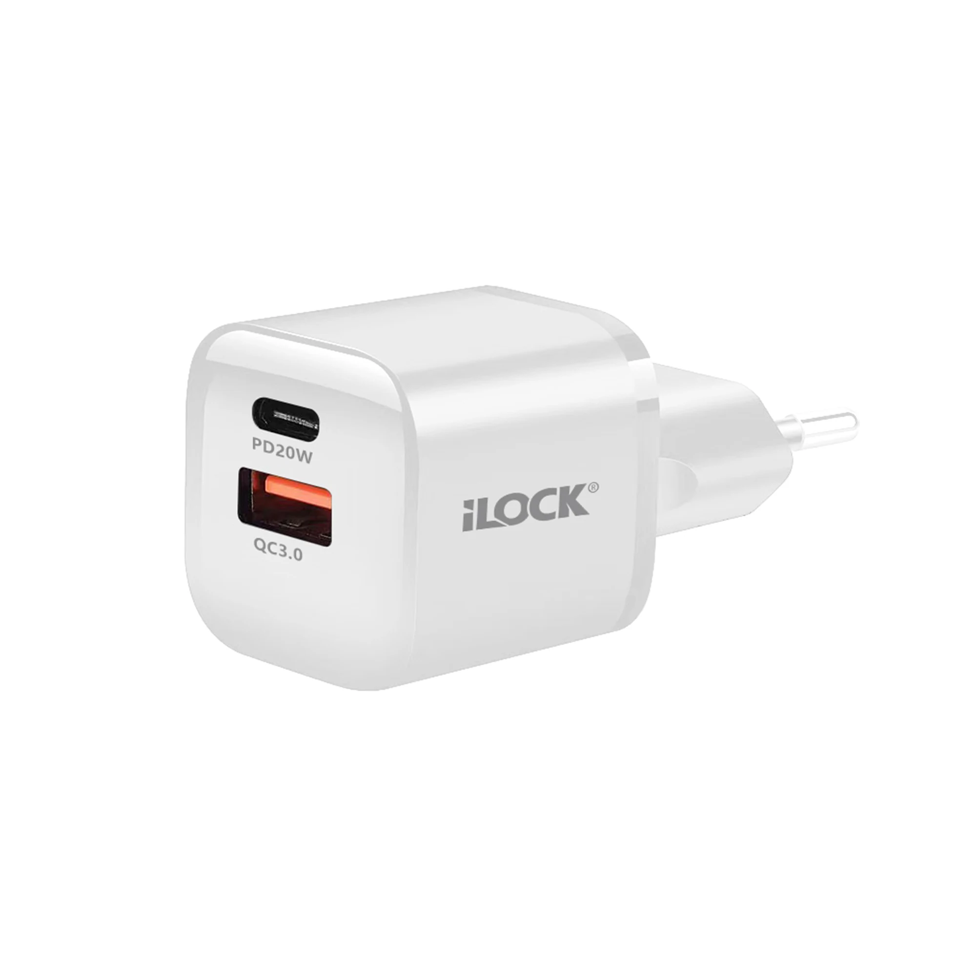 iLOCK 20W Dual-Port Wall Charger (USB-A + USB-C, QC 3.0) - White