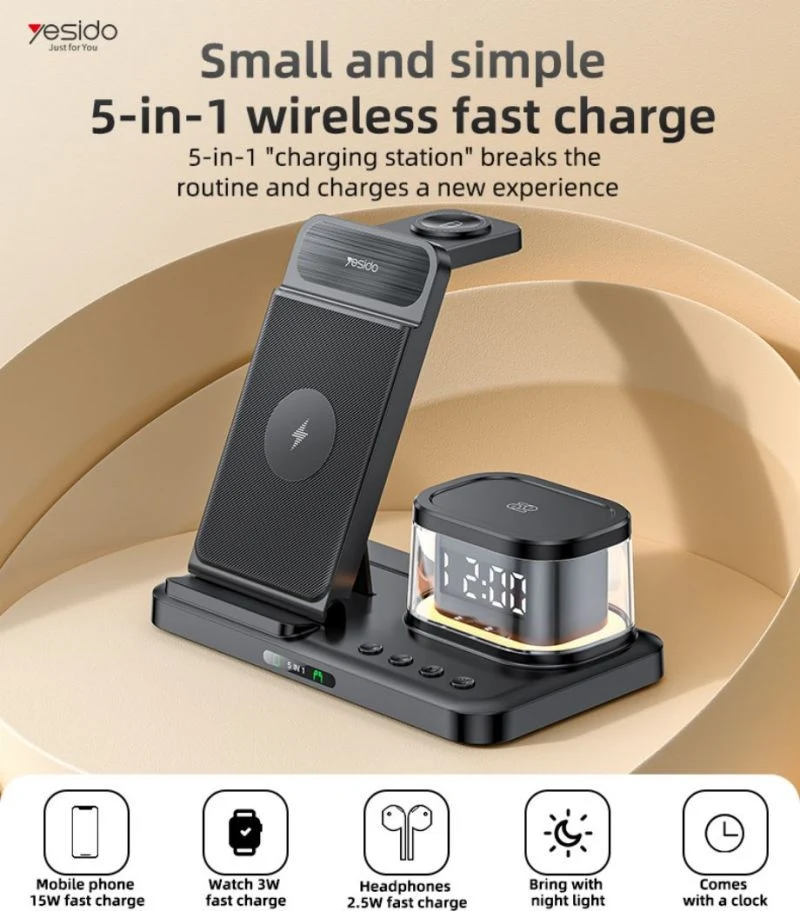 Yesido DS22 5 in 1 Clock Wireless Charging Stand For Apple