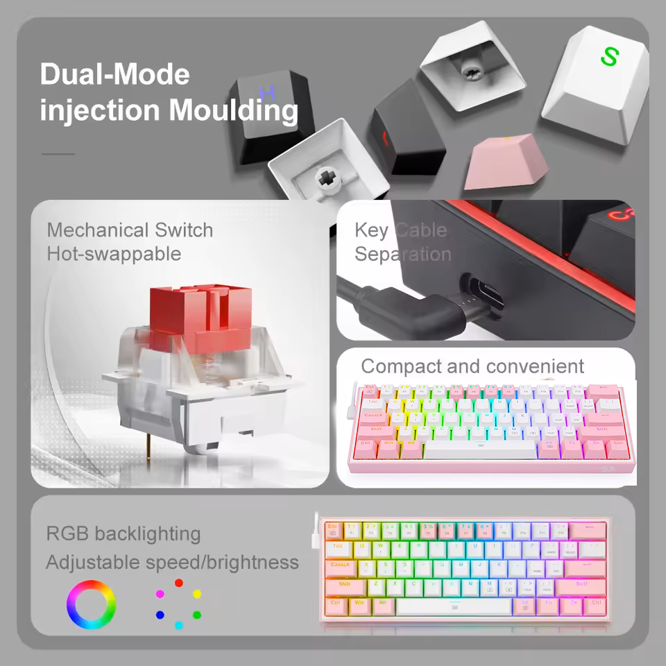ريدراجون K617 Fizz كيبورد سلكي ميكانيكال 60% RGB سويتش أحمر – أبيض/بينك