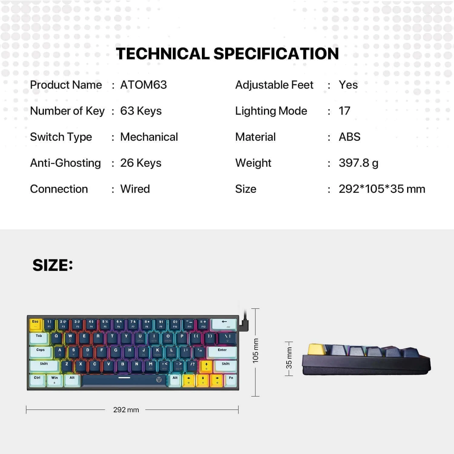 تصميم كيبورد فانتك ATOM63-MK874v2 الكحلي المدمج بنسبة 60%
