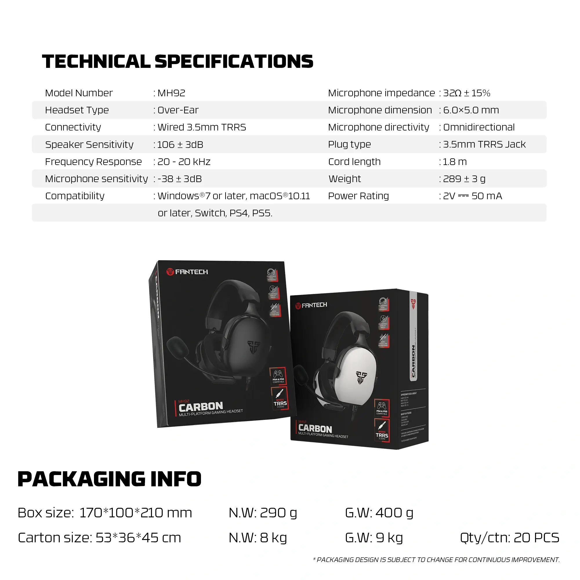 نطاق التردد في سماعة Fantech Carbon MH92