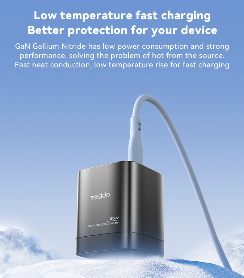 شاحن ييسيدو YC65 PD بقوة 65W بثلاثة منافذ 2 USB-C وUSB-A وقابس أوروبي للابتوب